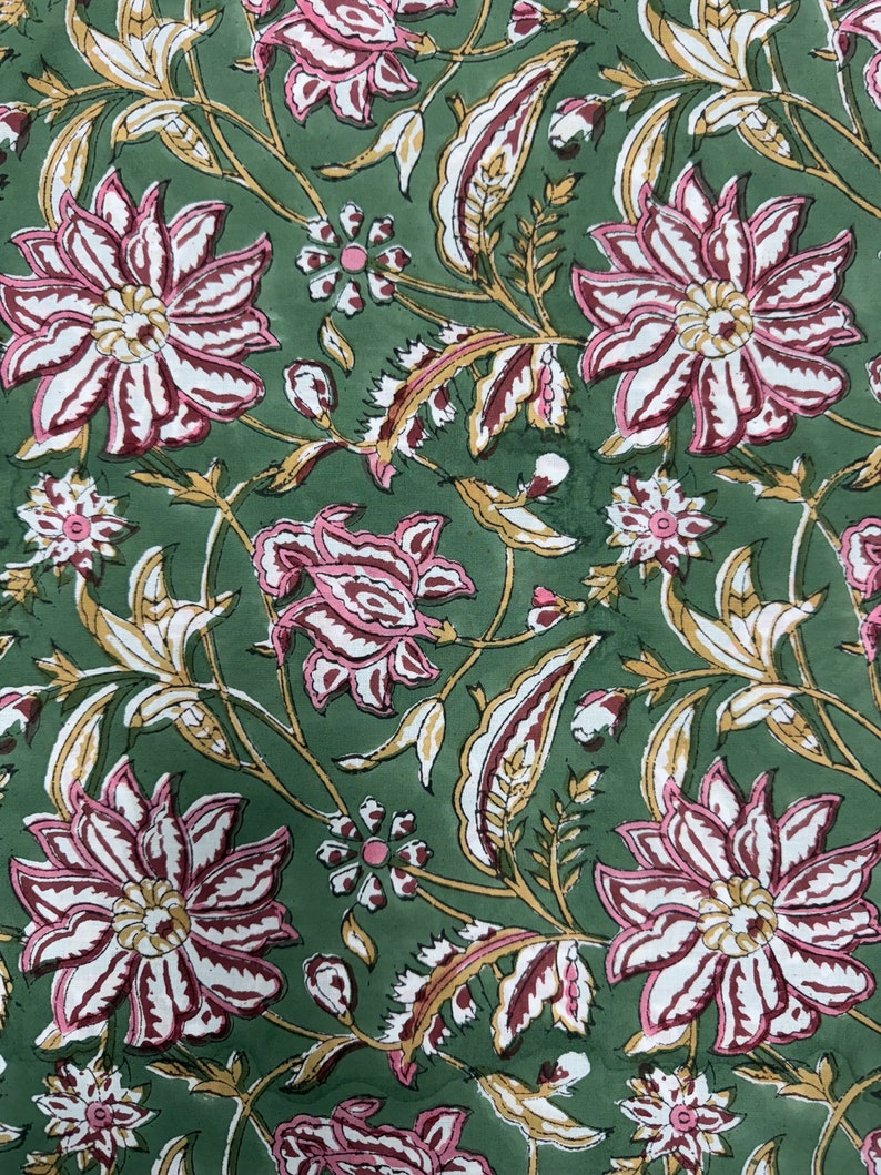 Fabricrush Hunter Green Indian Floral Hand Block Printed 100% Cotton Cloth, Fabric by the Yard for Curtains Pillows Cushions Quilting Duvet Covers Bags, Valentine's day, Spring, Easter