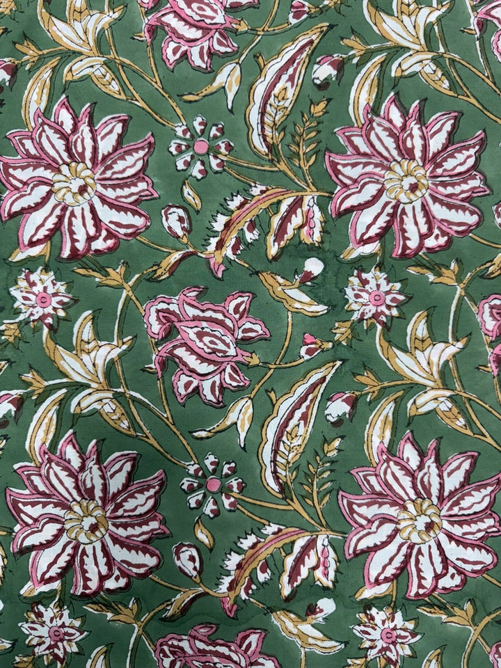 Fabricrush Hunter Green Indian Floral Hand Block Printed 100% Cotton Cloth, Fabric by the Yard for Curtains Pillows Cushions Quilting Duvet Covers Bags, Valentine's day, Spring, Easter