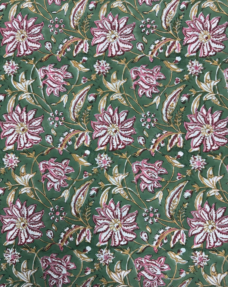 Fabricrush Hunter Green Indian Floral Hand Block Printed 100% Cotton Cloth, Fabric by the Yard for Curtains Pillows Cushions Quilting Duvet Covers Bags, Valentine's day, Spring, Easter