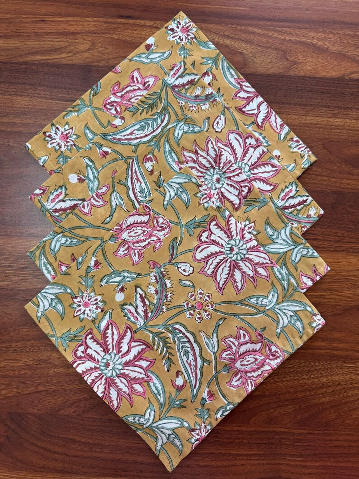 Fabricrush Biscotti Yellow Indian Floral Hand Block Printed Cotton Cloth Napkins for Wedding Event Home Decor Party Room Side Table Fall Decor Gift