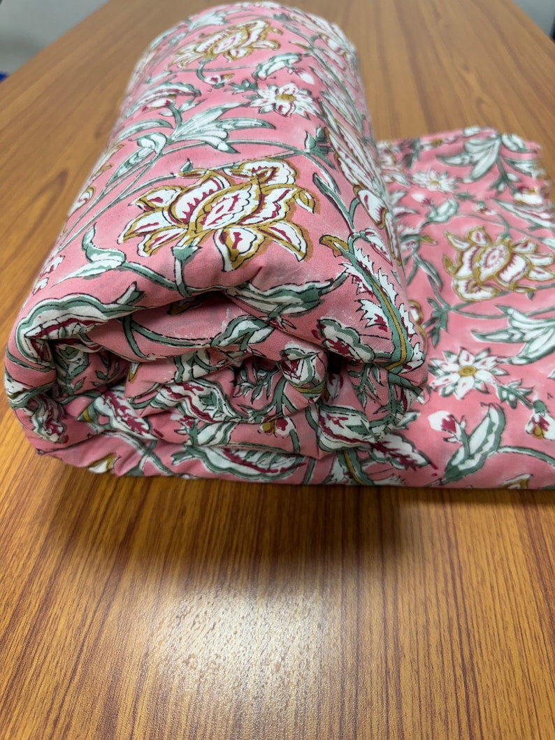 Fabricrush Candy Pink Indian Floral Hand Block Printed 100% Cotton Cloth, Fabric by the Yard for Curtains Pillows Cushions Quilting Duvets Covers Bags