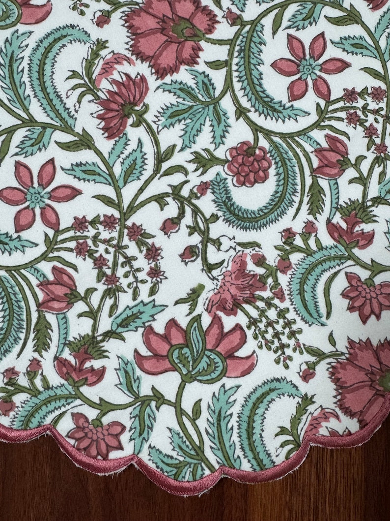 Fabricrush Tablemats, Tulip Pink and Mint Green India Floral Hand Block Printed and Embroidery Cotton Cloth Washable Table Mats for Wedding Home Decor