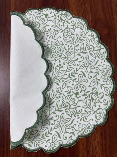 Fabricrush Tablemats, Sage Green Indian Floral Hand Block Printed and Embroidered Cotton Cloth Washable Table Mats for Wedding Home Decor Outdoor Gifts