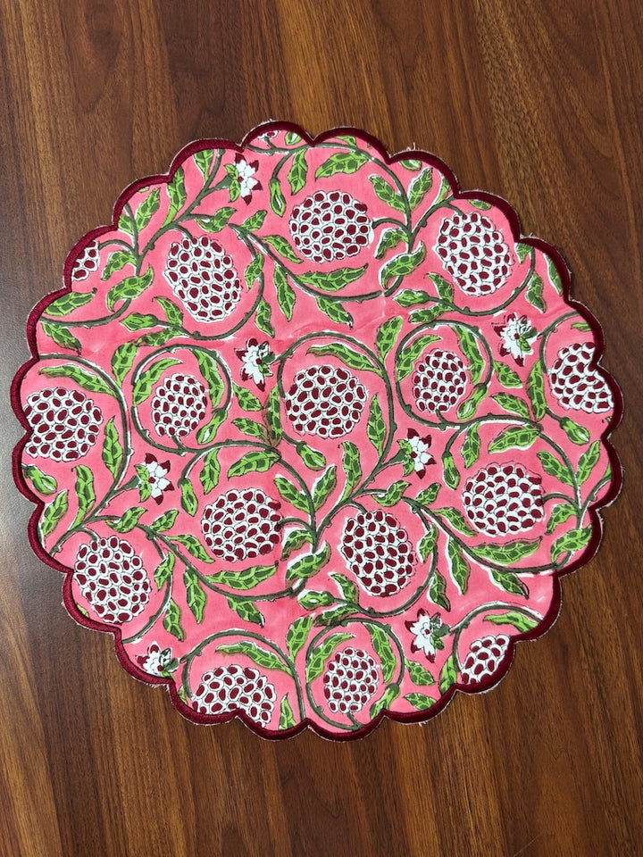 Fabricrush Tablemats, Strawberry Pink and Green Indian Floral Hand Block Print and Embroidered Cotton Cloth Washable Table Mats for Wedding Home Decor, Gift for her, gifts