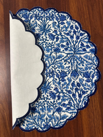 Fabricrush Tablemats, Dark Royal Blue Indian Floral Hand Block Printed and Embroidered Cotton Cloth Washable Table Mats for Wedding Home Decor Outdoor
