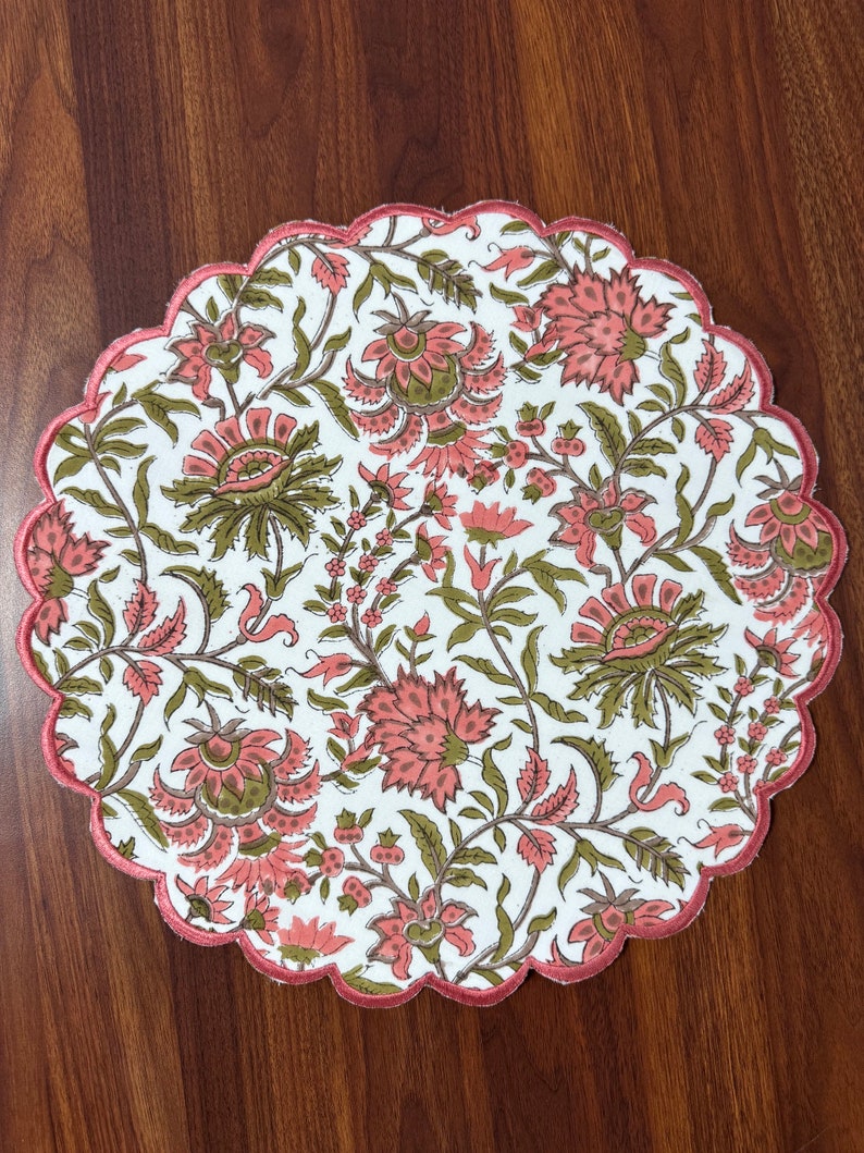 Fabricrush Tablemats, New York Pink and Green Indian Floral Hand Block Printed and Embroidered Cotton Cloth Washable Table Mats for Wedding Home Decor