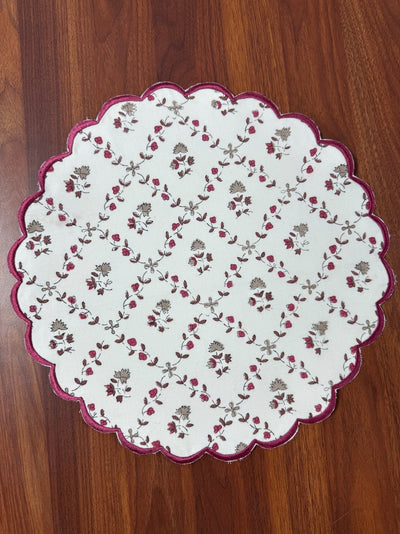Fabricrush Tablemats, Raspberry Rose and Taupe Indian Floral Hand Block Printed and Embroidery Cotton Cloth Washable Table Mats for Wedding Home Decor
