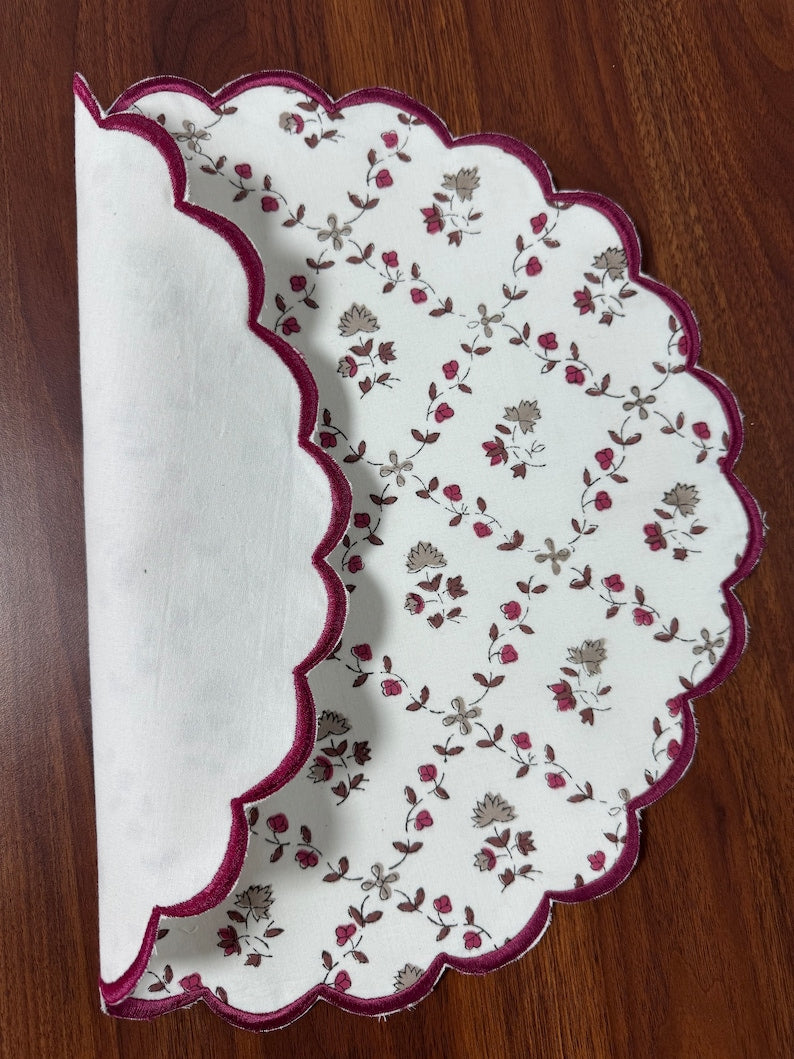 Fabricrush Tablemats, Raspberry Rose and Taupe Indian Floral Hand Block Printed and Embroidery Cotton Cloth Washable Table Mats for Wedding Home Decor