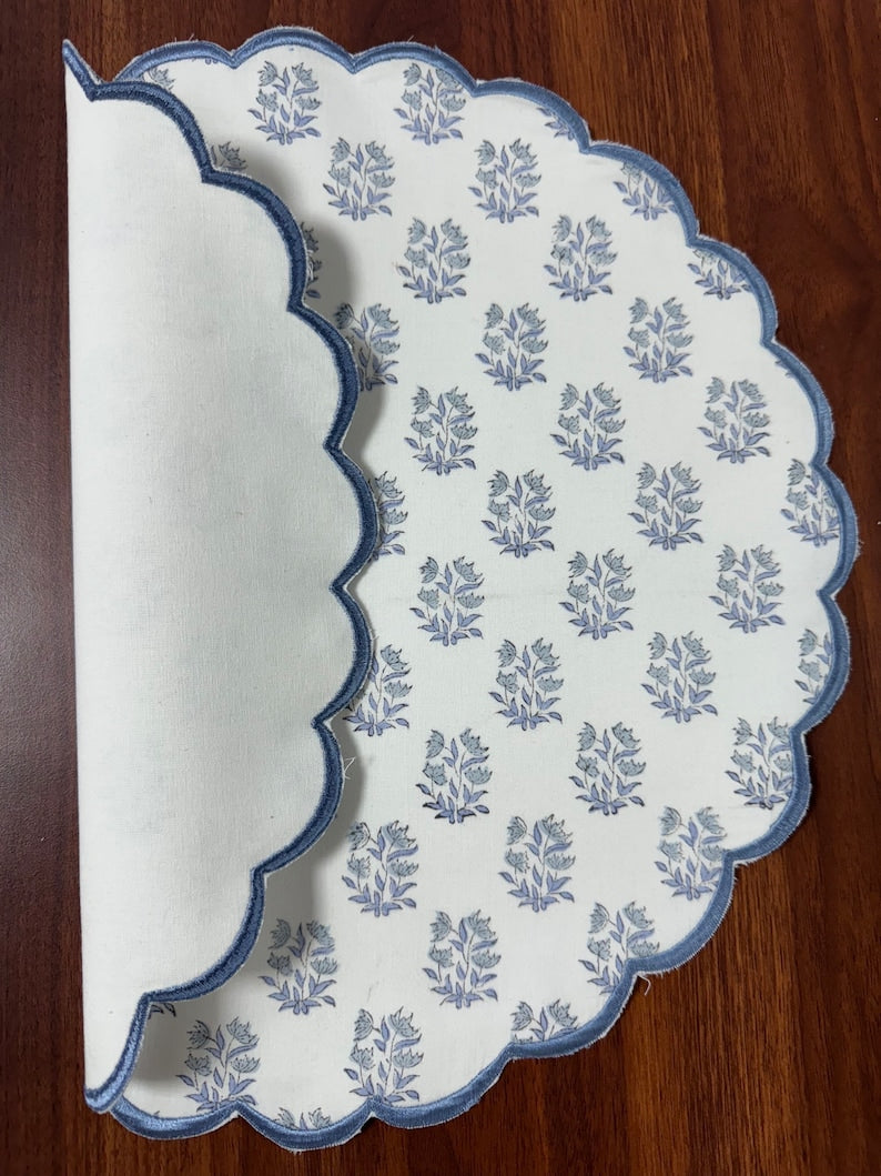 Fabricrush Tablemats, Sky and Beau Blue Indian Floral Hand Block Printed and Embroidered Cotton Cloth Table Mats, Washable Place Mats for Wedding Home, Gift for her, gifts