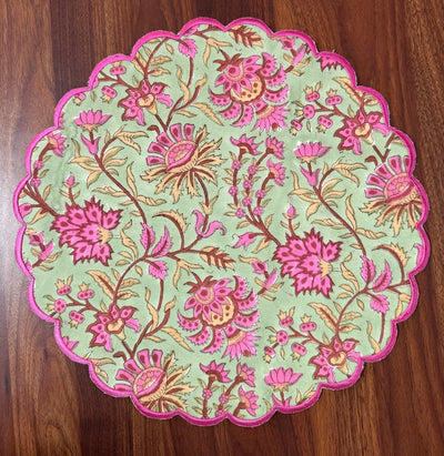 Fabricrush Tablemats, Pistachio Green, Watermelon Pink Indian Floral Hand Block Floral Printed and Embroidered Cotton Cloth Table Mat for Wedding Home