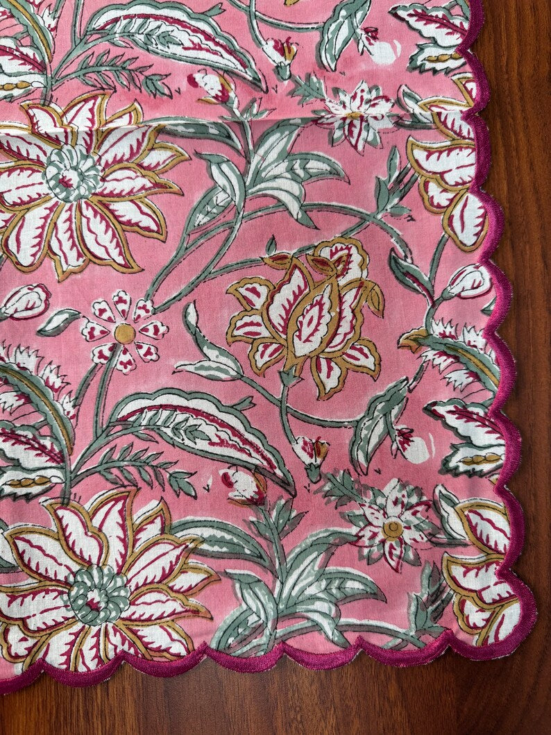 Fabricrush Embroidery Napkins, Candy Pink Indian Floral Hand Block Printed Cotton Cloth Napkins 18X18"- INCH for Weddings Home Decor Garden Outdoor Side Table Gifts20X20"- INCH Dinner Napkin
