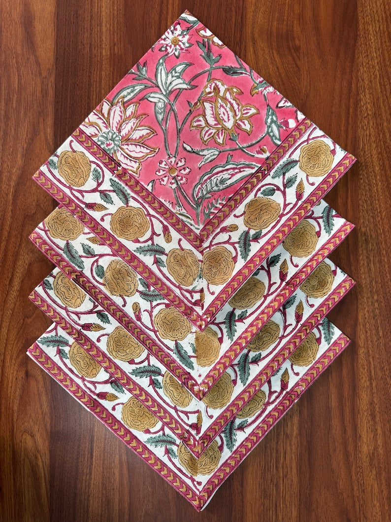 Candy Pink Indian Floral Hand Block Printed Pure Cotton Border Napkins Size 20x20