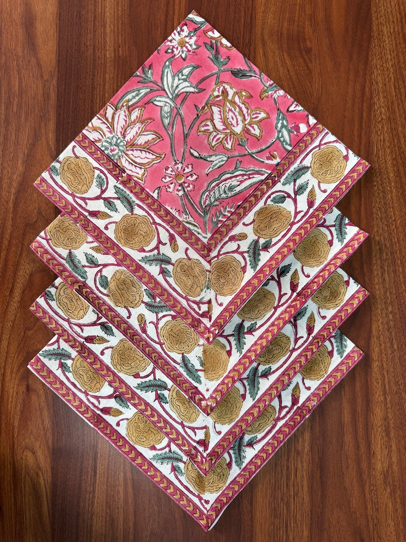 Fabricrush Candy Pink Indian Floral Hand Block Printed Pure Cotton Cloth Napkins for Wedding Events Home Party Gifts, Size 20x20", Set of 4,6,12,24,48