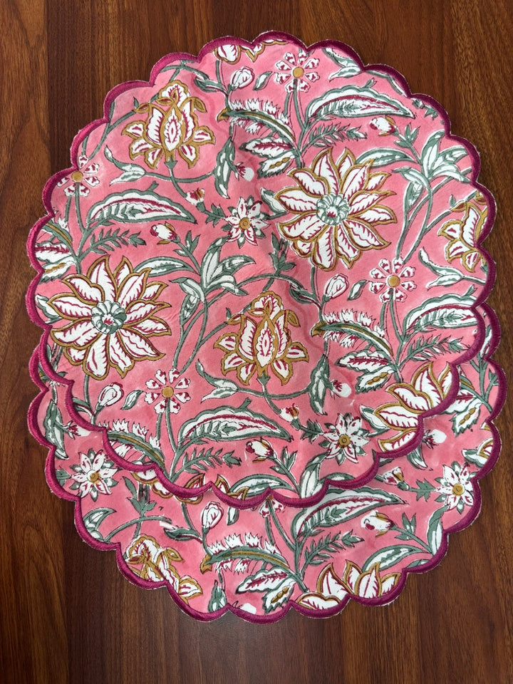 Fabricrush Tablemats, Candy Pink Indian Floral Hand Block Flower Printed Cotton Cloth Place Mat for Wedding Home Decor Event Outdoor Garden Patio Party, Gift for her, gifts