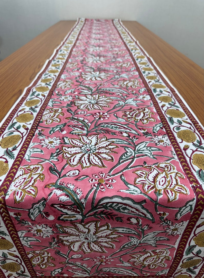 Fabricrush Candy Pink Indian Floral Hand Block Printed Cotton Cloth Table Runners for Wedding, Home Decor Room Outdoor Garden, Table Runner, Gift for her