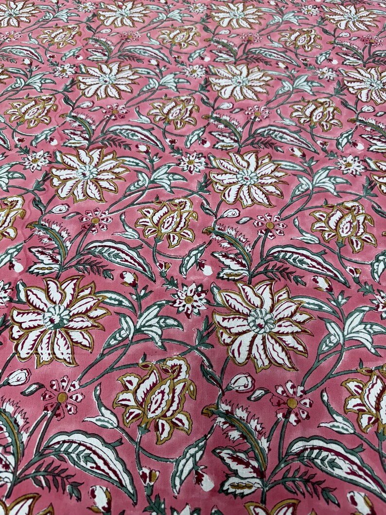 Fabricrush Candy Pink Indian Floral Hand Block Printed Cotton Tablecloth, Dining Table Cover for Farmhouse Party Wedding Home Housewarming Baby Shower