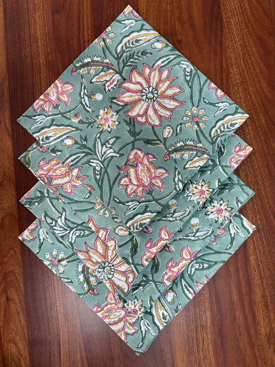 Fabricrush Viridian Green Indian Floral Hand Block Print Cotton Cloth Napkins for Wedding Event Home Decor Party Room Decor Side Table Restaurant Gift