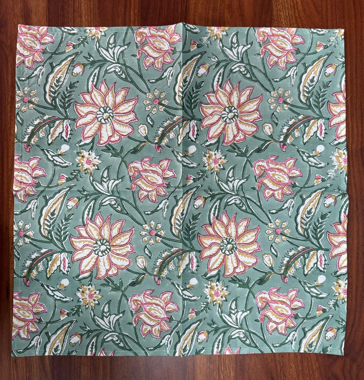 Viridian Green Indian Floral Hand Block Printed Pure Cotton Cloth Napkins