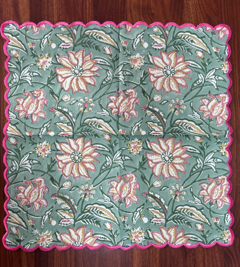 Fabricrush Embroidery Napkins, Viridian Green Indian Floral Hand Block Printed Cotton Cloth Napkins 18X18"- Wedding Home Decor Garden 20X20"- Outdoor Party Events, Gift for her, gifts, Christmas, Thanksgiving