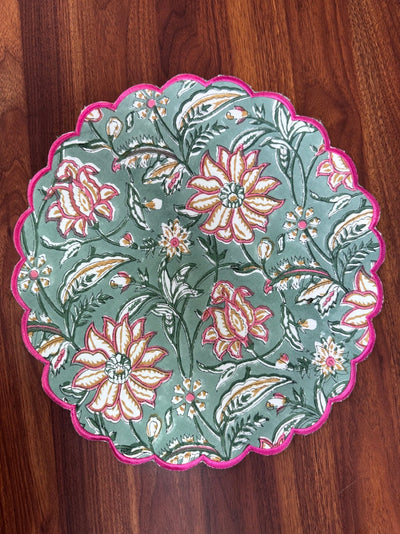 Fabricrush Tablemats, Viridian Green Indian Floral Hand Block Printed Cotton Cloth Place Mats for Wedding Home Decor Events Outdoor Garden Side Tables