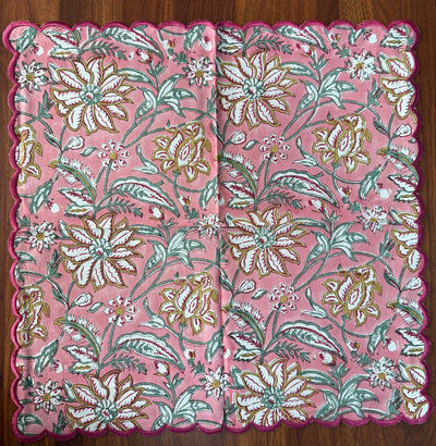 Fabricrush Embroidery Napkins, Candy Pink Indian Floral Hand Block Printed Cotton Cloth Napkins 18X18"- INCH for Weddings Home Decor Garden Outdoor Side Table Gifts20X20"- INCH Dinner Napkin