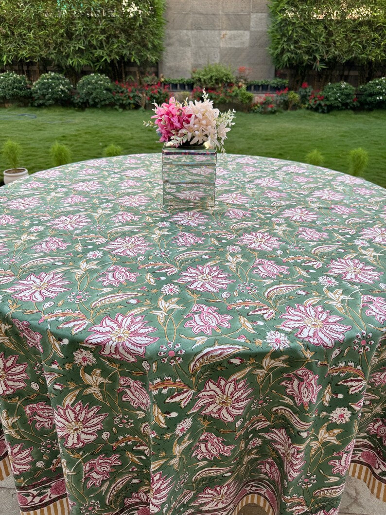 Fabricrush Hunter Green Indian Floral Hand Block Printed Pure Cotton Cloth Round Tablecloth, Table Cover for Farmhouse Wedding Home Decor Outdoor Gifts, Gift for her, gifts, Halloween, Christmas, Thanksgiving