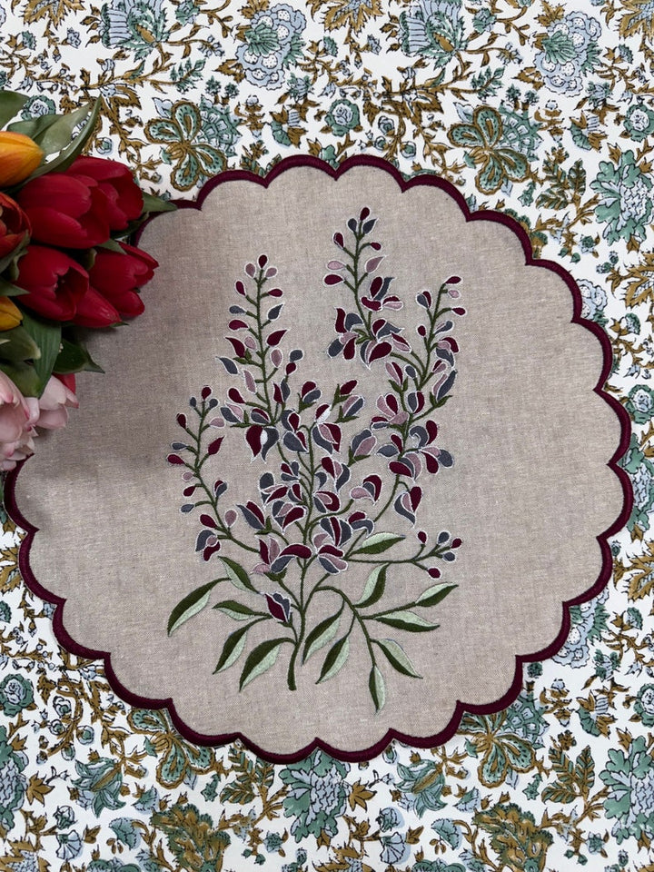 Fabricrush Tablemats, Natural Colour Fabric Floral Embroidery and Scallops Cotton Cloth Place Mats for Weddings Home Room Decor Events Gardens, Gift for her, gifts