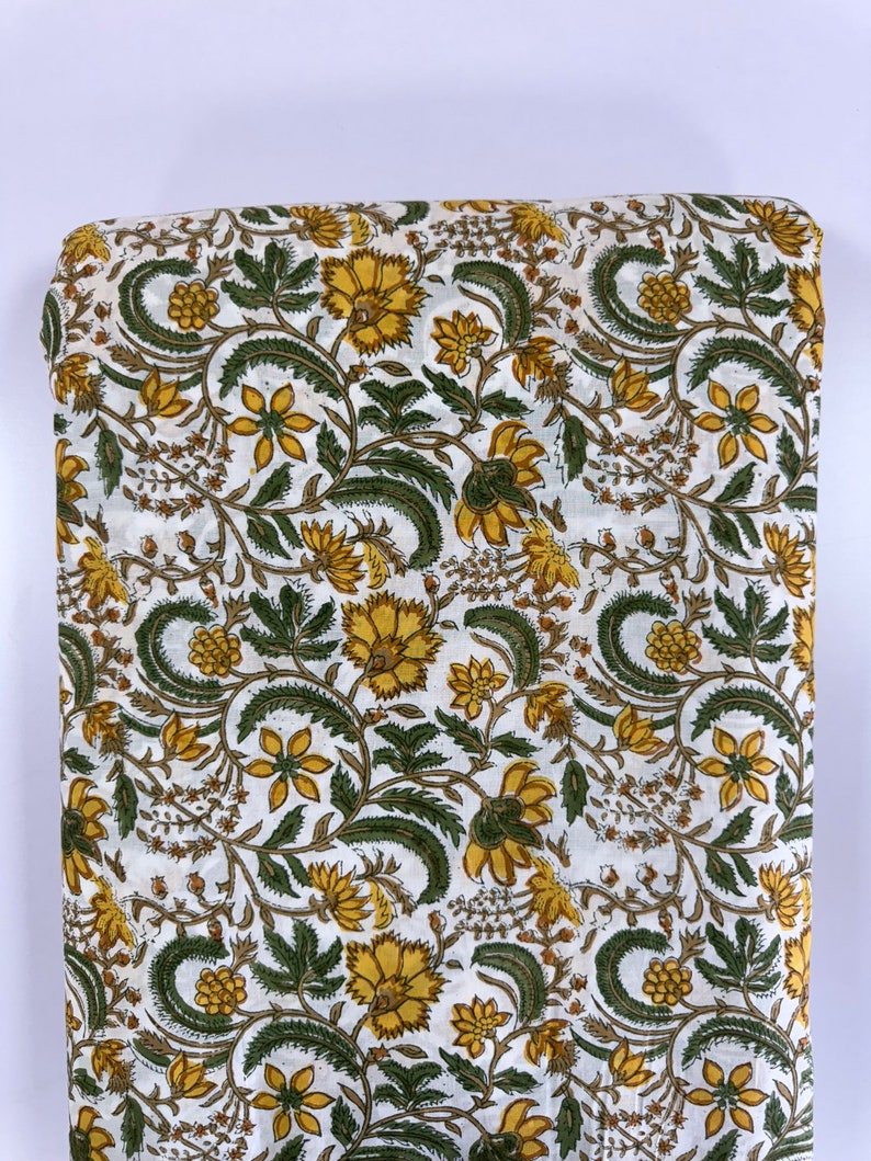 Fabricrush Biscotti Yellow Indian Floral Hand Block Printed Cotton Cloth for Gift Dress Women's Clothing Cushions Curtains Napkins