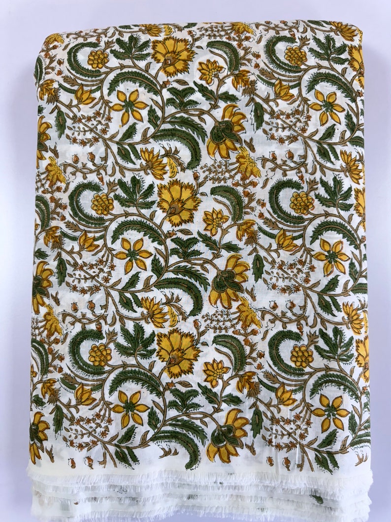 Fabricrush Biscotti Yellow Indian Floral Hand Block Printed Cotton Cloth for Gift Dress Women's Clothing Cushions Curtains Napkins