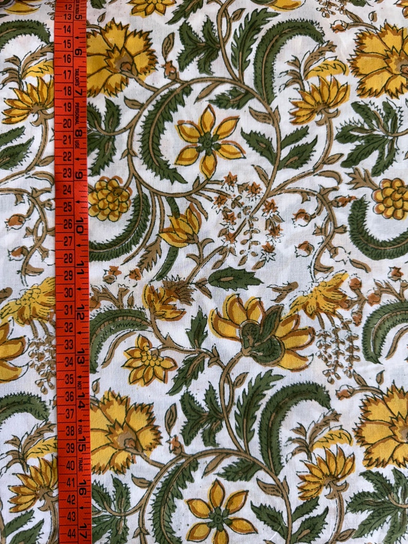 Fabricrush Biscotti Yellow Indian Floral Hand Block Printed Cotton Cloth for Gift Dress Women's Clothing Cushions Curtains Napkins