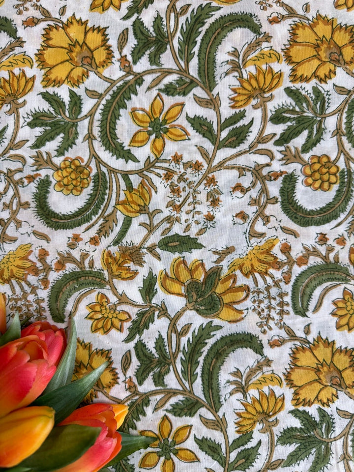 Fabricrush Biscotti Yellow Indian Floral Hand Block Printed Cotton Cloth for Gift Dress Women's Clothing Cushions Curtains Napkins