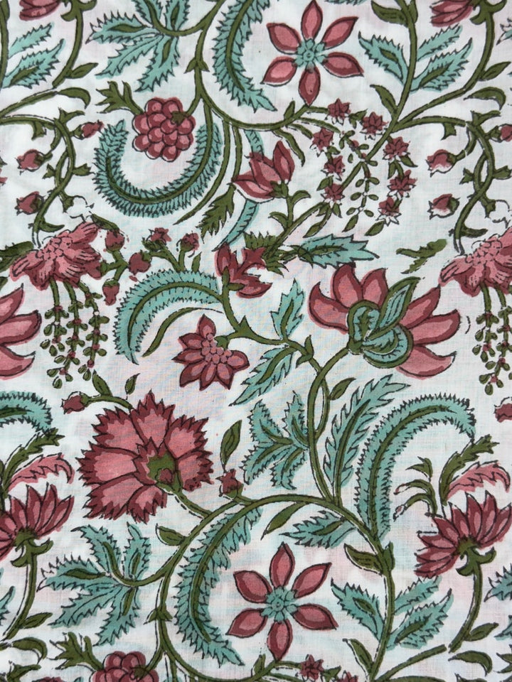 Fabricrush Tulip Pink, Mint Green Indian Floral Hand Block Printed Cotton Cloth for Gift Dress Bags Women's Clothing Cushions Curtains, Valentine's day, Spring, Easter