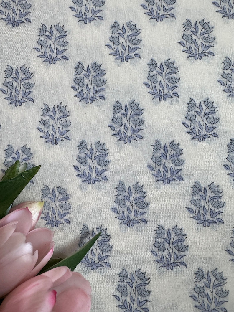 Sky and Beau Blue Hand-Block Printed Cotton Cloth