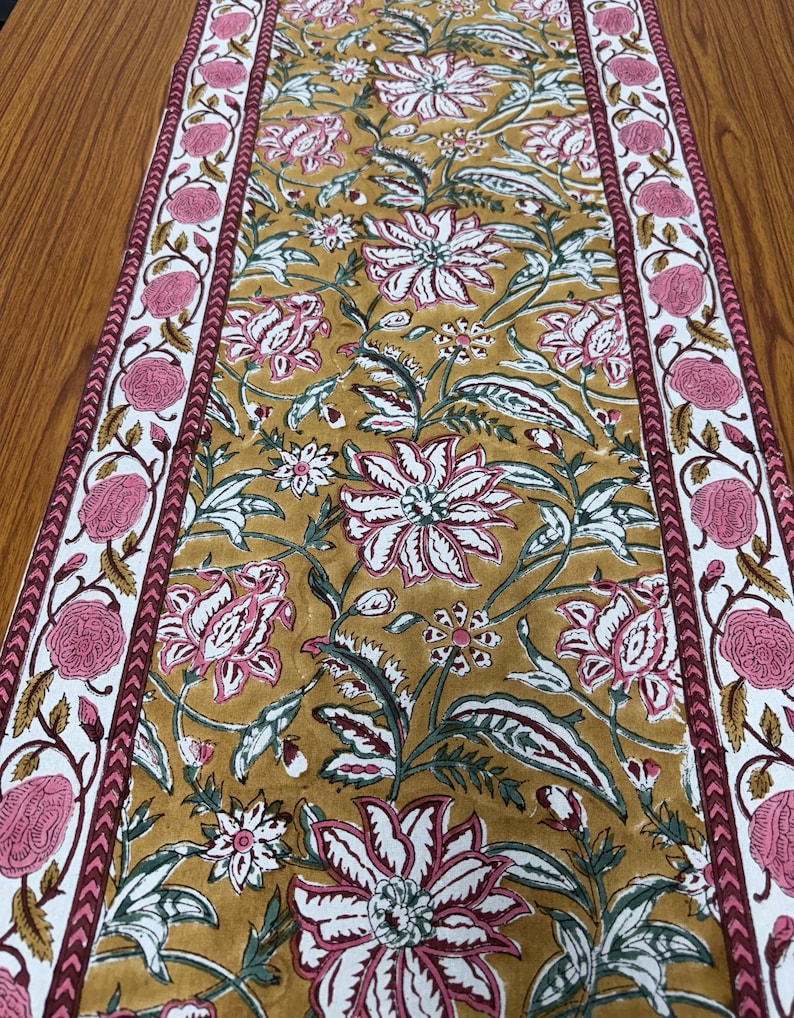 Fabricrush Biscotti Yellow Indian Floral Hand Block Printed Cotton Cloth Table Runners for Wedding Events Home Decor Room Outdoor Garden Coffee Table