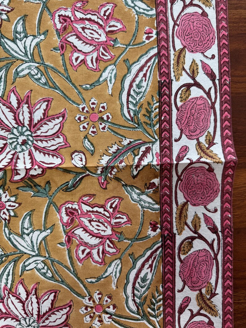 Fabricrush Biscotti Yellow Indian Floral Hand Block Printed Cotton Cloth Napkins for Wedding Events Home Party Gifts, Size 20x20"