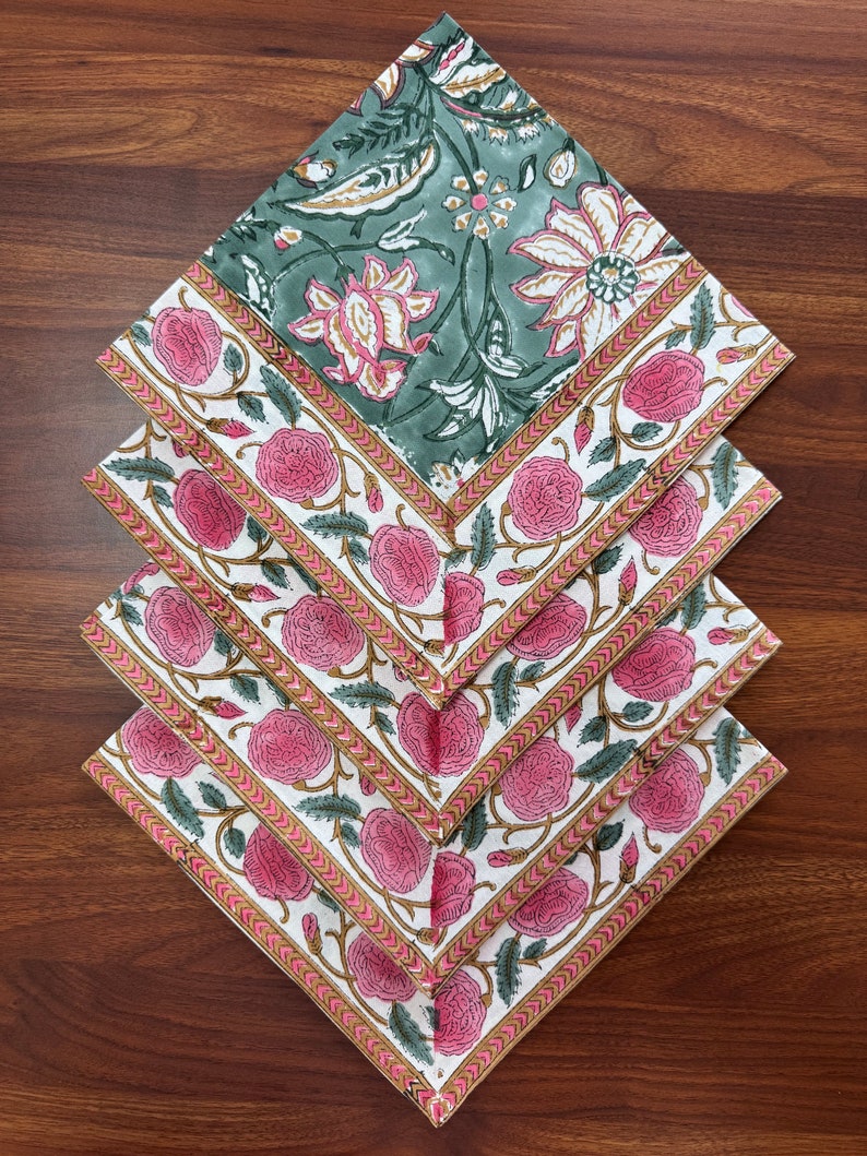Viridian Green Indian Floral Hand Block Printed Size 20x20