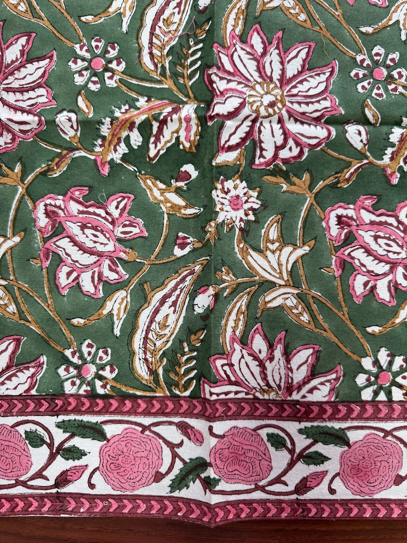 Hunter Green Indian Floral Hand Block Printed Cotton Napkins Size 20x20"