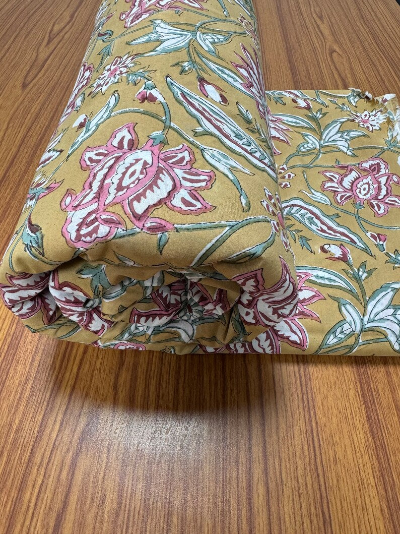 Fabricrush Biscotti Yellow Indian Floral Hand Block Printed 100% Cotton Cloth, Fabric by the Yard for Curtains Pillows Quilting Quilt Duvets Cover Bags, Valentine's day, Spring, Easter