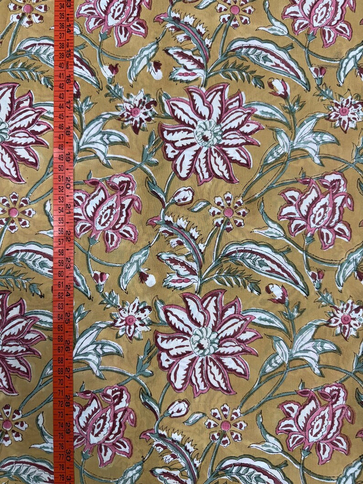 Fabricrush Biscotti Yellow Indian Floral Hand Block Printed 100% Cotton Cloth, Fabric by the Yard for Curtains Pillows Quilting Quilt Duvets Cover Bags, Valentine's day, Spring, Easter