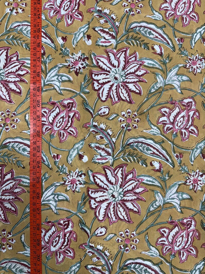 Fabricrush Biscotti Yellow Indian Floral Hand Block Printed 100% Cotton Cloth, Fabric by the Yard for Curtains Pillows Quilting Quilt Duvets Cover Bags