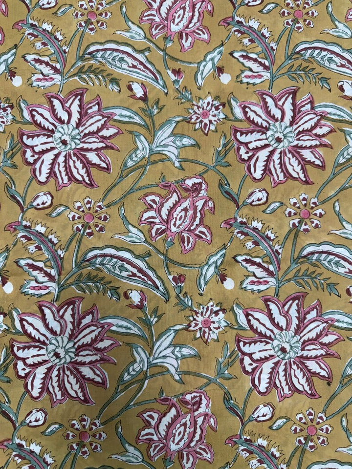 Fabricrush Biscotti Yellow Indian Floral Hand Block Printed 100% Cotton Cloth, Fabric by the Yard for Curtains Pillows Quilting Quilt Duvets Cover Bags, Valentine's day, Spring, Easter