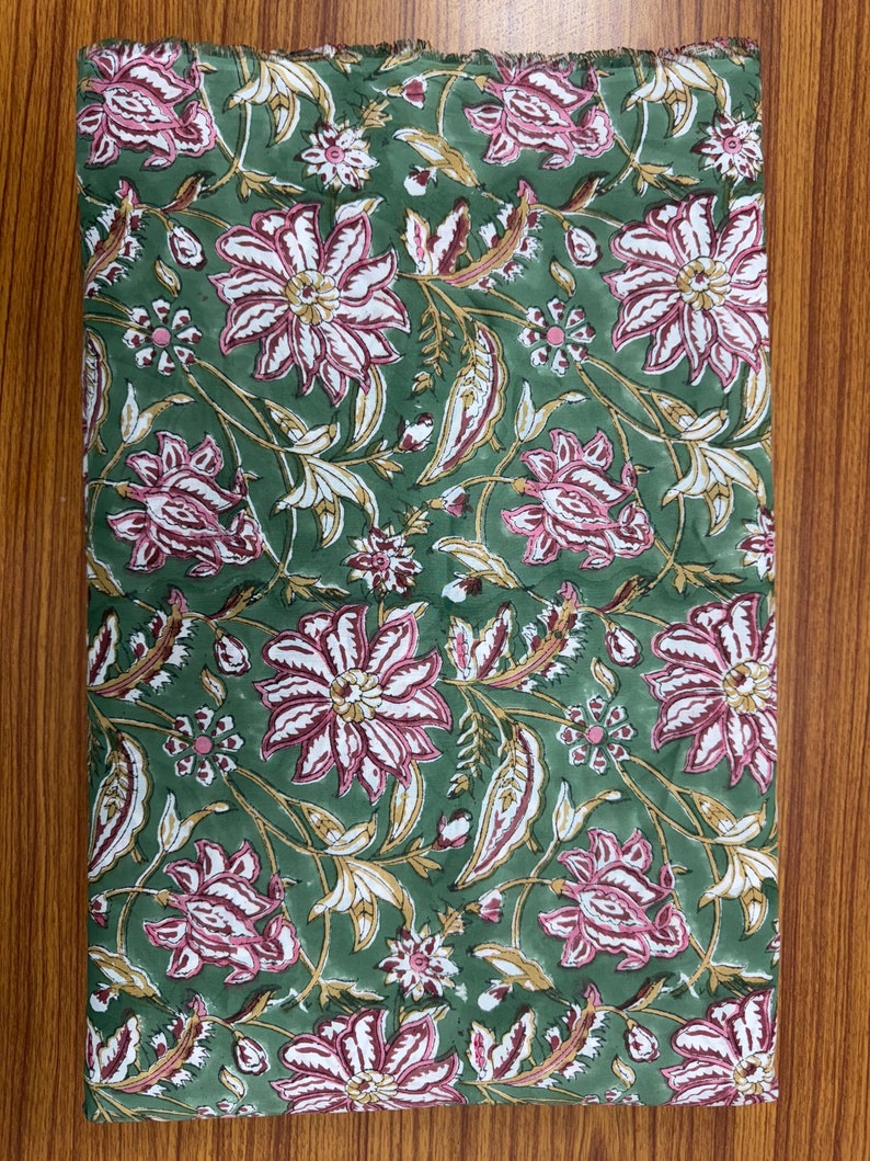 Fabricrush Hunter Green Indian Floral Hand Block Printed 100% Cotton Cloth, Fabric by the Yard for Curtains Pillows Cushions Quilting Duvet Covers Bags, Valentine's day, Spring, Easter