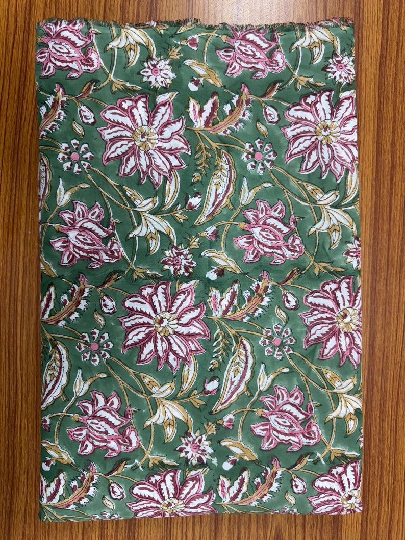 Fabricrush Hunter Green Indian Floral Hand Block Printed 100% Cotton Cloth, Fabric by the Yard for Curtains Pillows Cushions Quilting Duvet Covers Bags