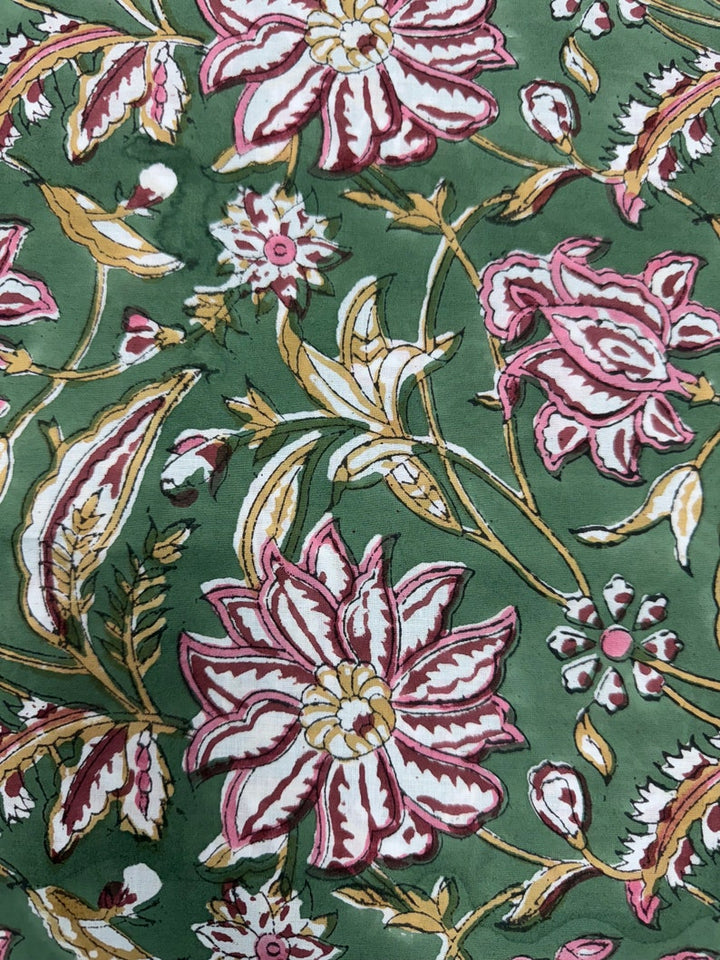 Fabricrush Hunter Green Indian Floral Hand Block Printed 100% Cotton Cloth, Fabric by the Yard for Curtains Pillows Cushions Quilting Duvet Covers Bags, Valentine's day, Spring, Easter