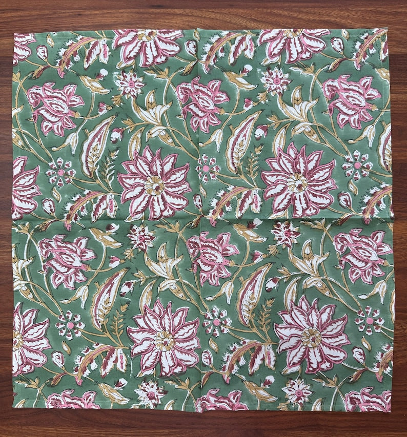 Fabricrush Hunter Green Indian Floral Hand Block Printed Cotton Cloth Napkins for Wedding Event Home Decor Party Room Decor Side Table Farmhouse Gifts