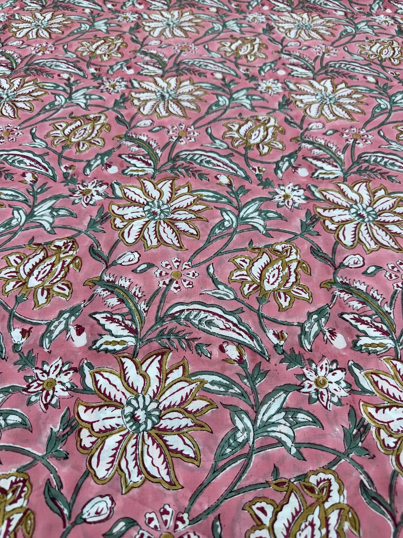 Fabricrush Candy Pink Indian Floral Hand Block Printed 100% Cotton Cloth, Fabric by the Yard for Curtains Pillows Cushions Quilting Duvets Covers Bags