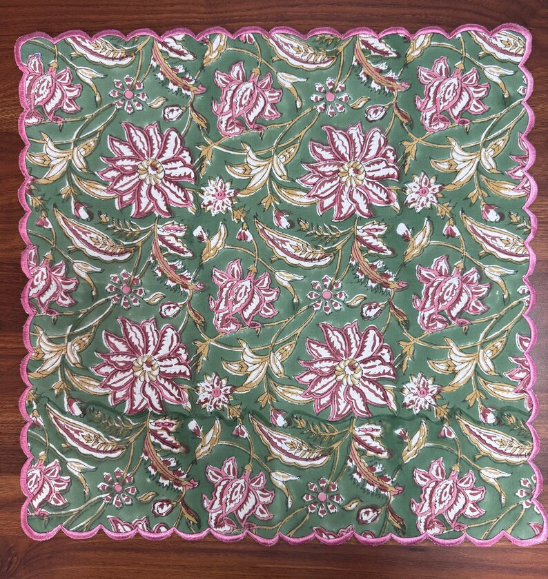 Fabricrush Embroidery Napkins, Hunter Green Indian Floral Hand Block Printed Cotton Cloth Napkins for Wedding Events Home Decor Garden Outdoor Gifting