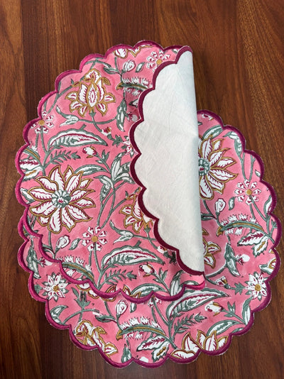Fabricrush Tablemats, Candy Pink Indian Floral Hand Block Flower Printed Cotton Cloth Place Mat for Wedding Home Decor Event Outdoor Garden Patio Party