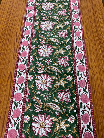 Fabricrush Hunter Green Indian Floral Hand Block Printed Cotton Cloth Table Runner for Wedding Event Home Decor Room Outdoor Garden Mantel Patio, Gift for her, gifts, Halloween, Christmas, Thanksgiving