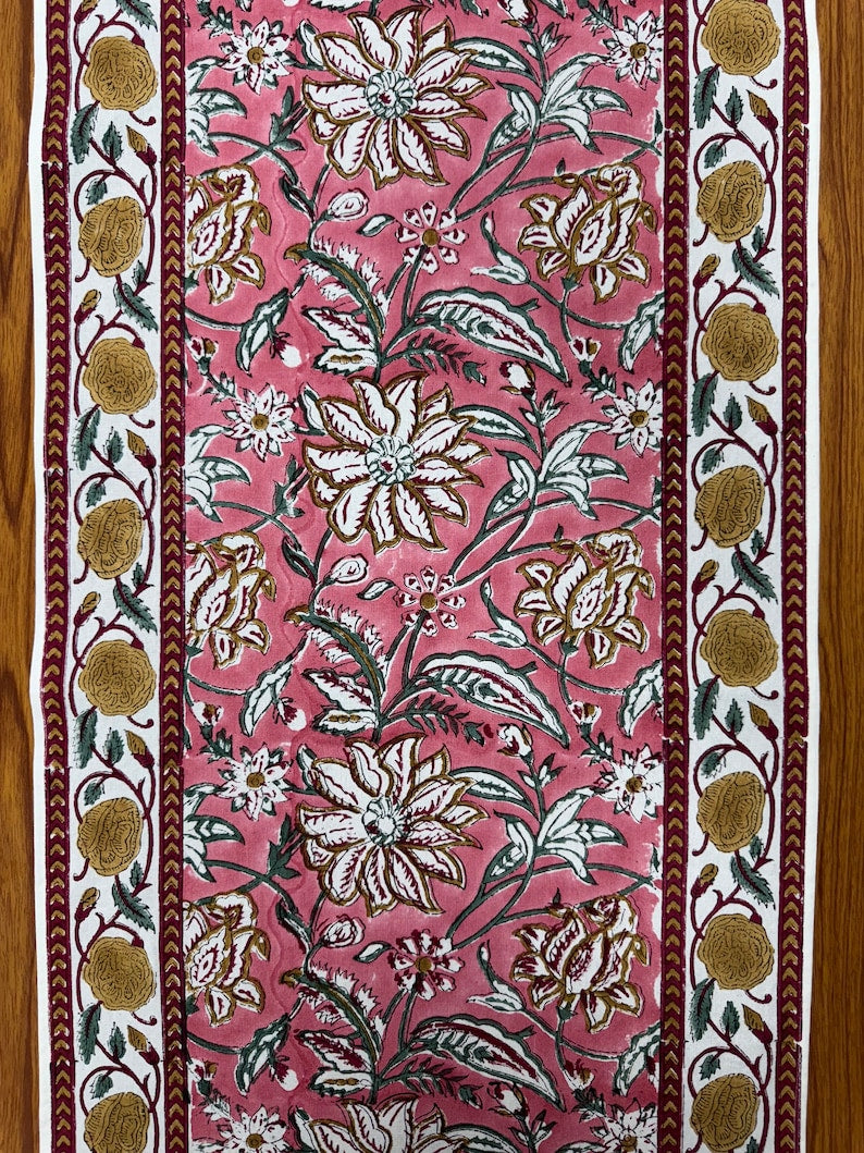 Fabricrush Candy Pink Indian Floral Hand Block Printed Cotton Cloth Table Runners for Wedding, Home Decor Room Outdoor Garden, Table Runner, Gift for her, Valentine's day, Spring, Easter